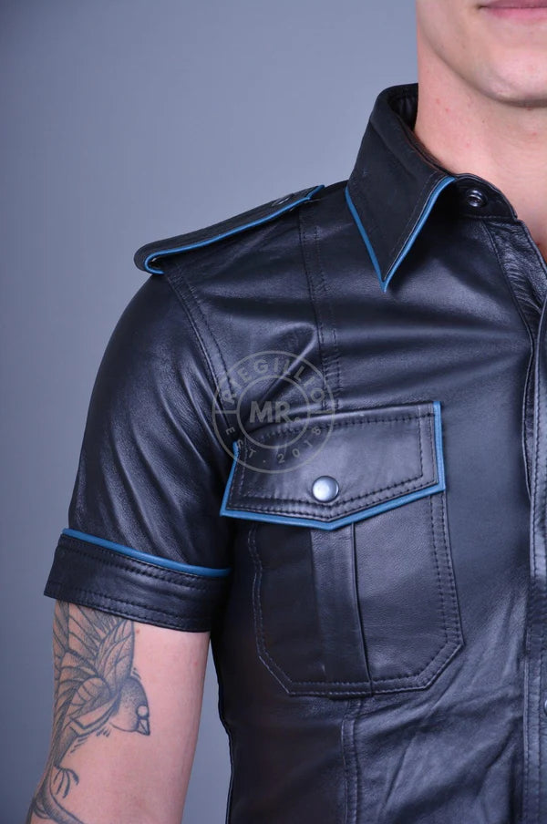 BLACK LEATHER SHIRT - JEANS BLUE PIPING
