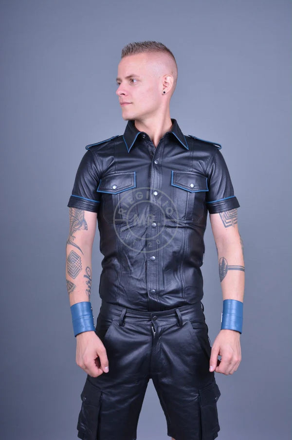 BLACK LEATHER SHIRT - JEANS BLUE PIPING