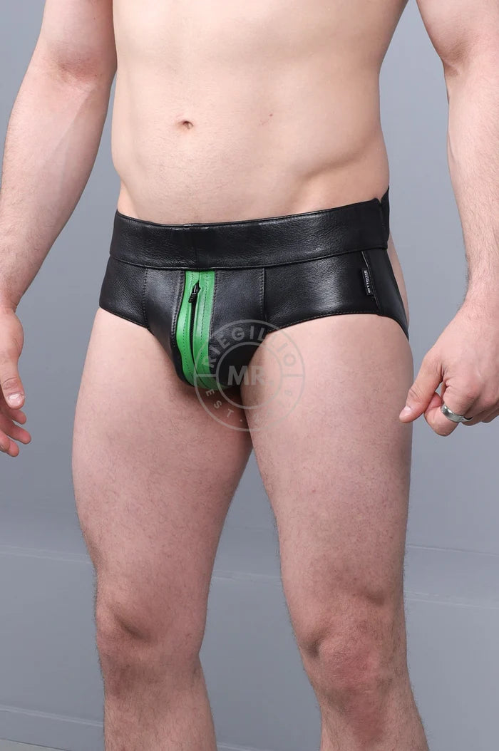 BLACK LEATHER JOCKSTRAP - PARROT GREEN STRIPE