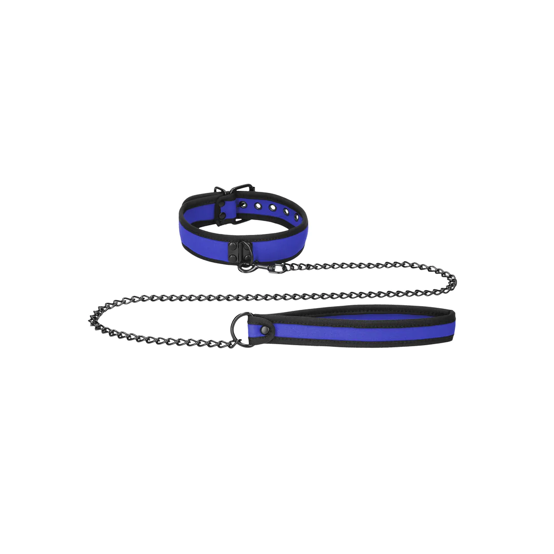 OUCH PUPPY PLAY - NEOPRENE COLLAR WITH LEASH - BLUE