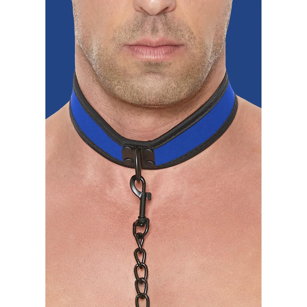 OUCH PUPPY PLAY - NEOPRENE COLLAR WITH LEASH - BLUE