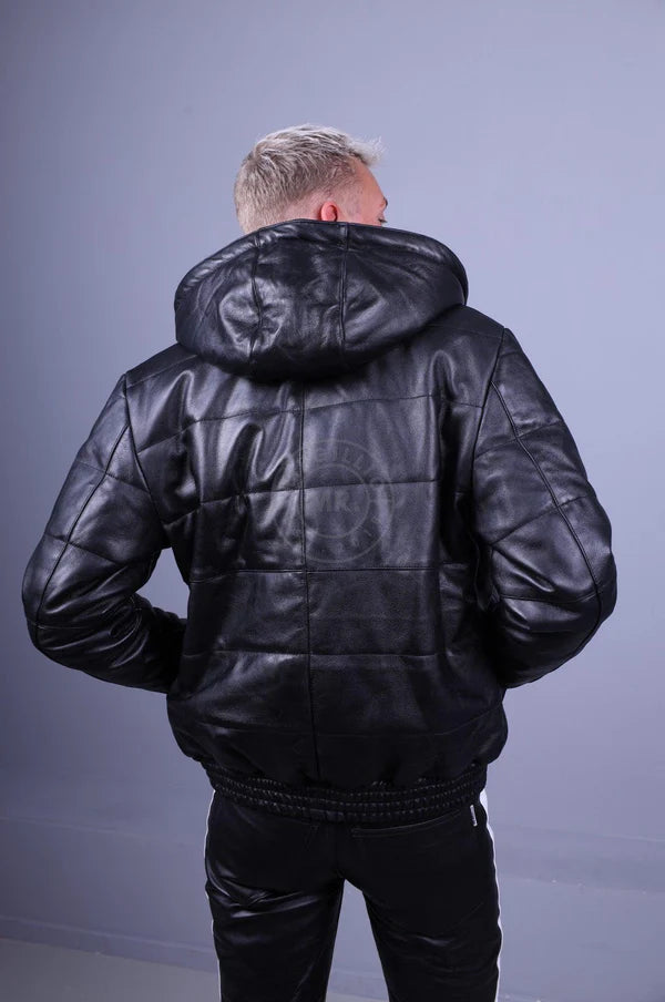 BLACK LEATHER PUFFED BOMBER JACKET