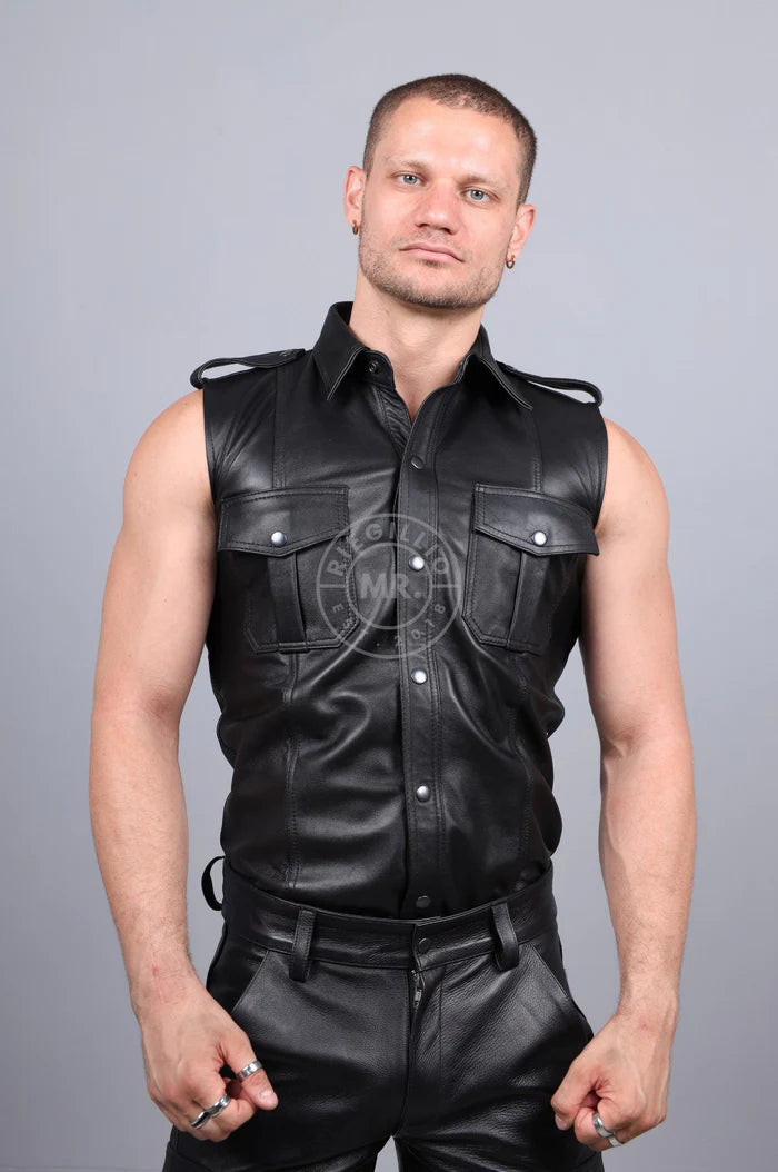 BLACK LEATHER SHIRT - SLEEVELESS