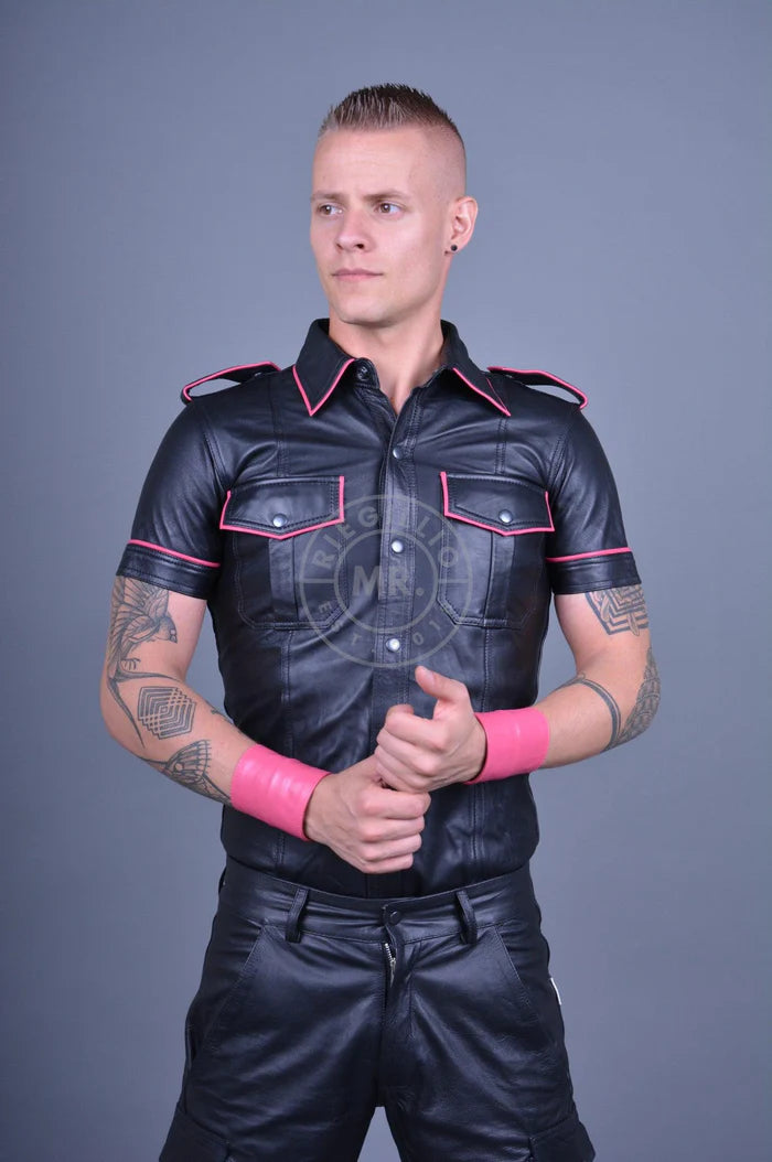 BLACK LEATHER SHIRT - PINK PIPING
