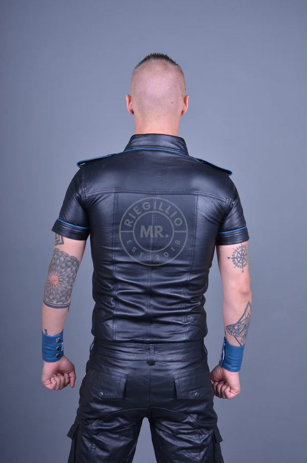 BLACK LEATHER SHIRT - JEANS BLUE PIPING